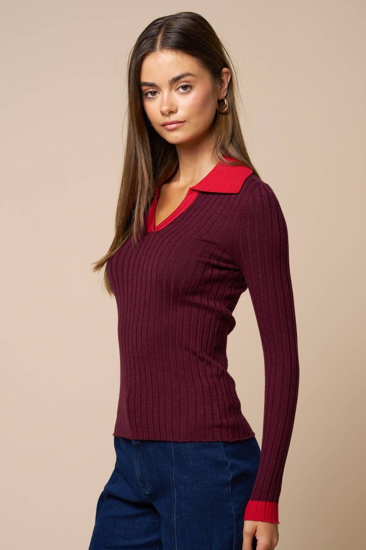 Contrast Collar Ribbed Sweater — Marisela