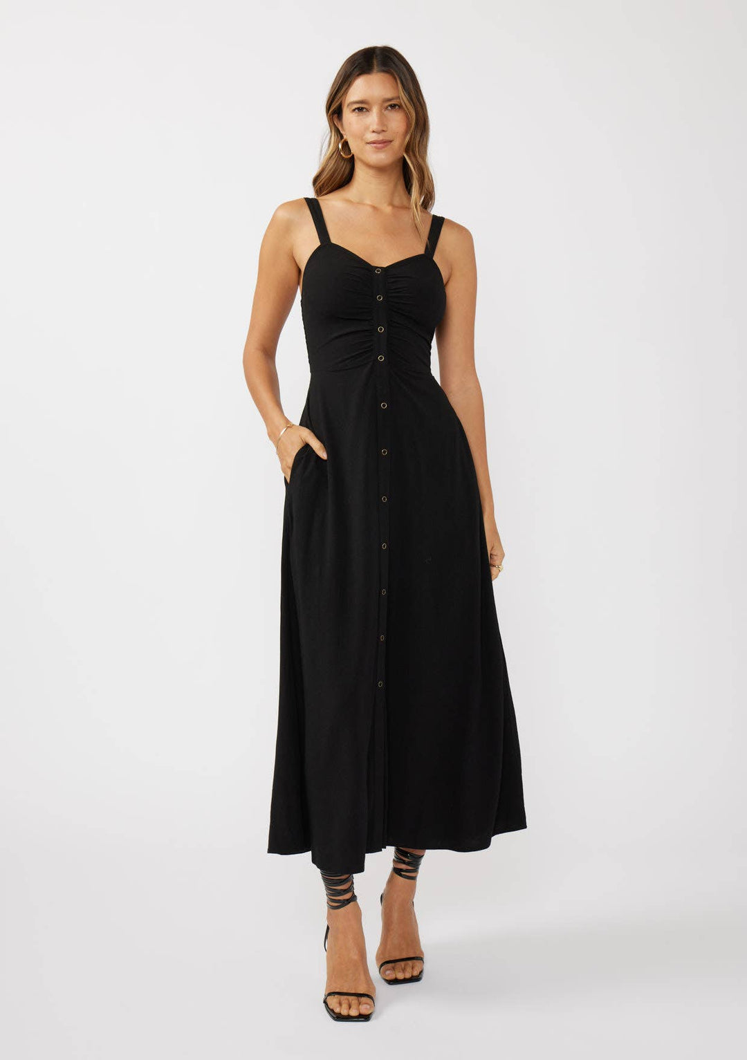 black button-front ruched maxi dress for women