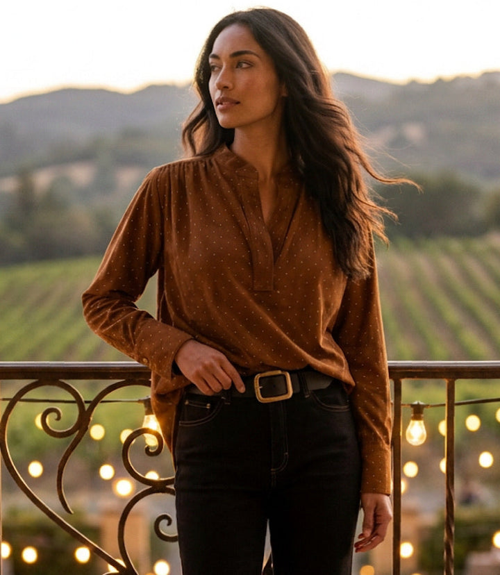Faux Suede Embellished Half-Placket Shirt