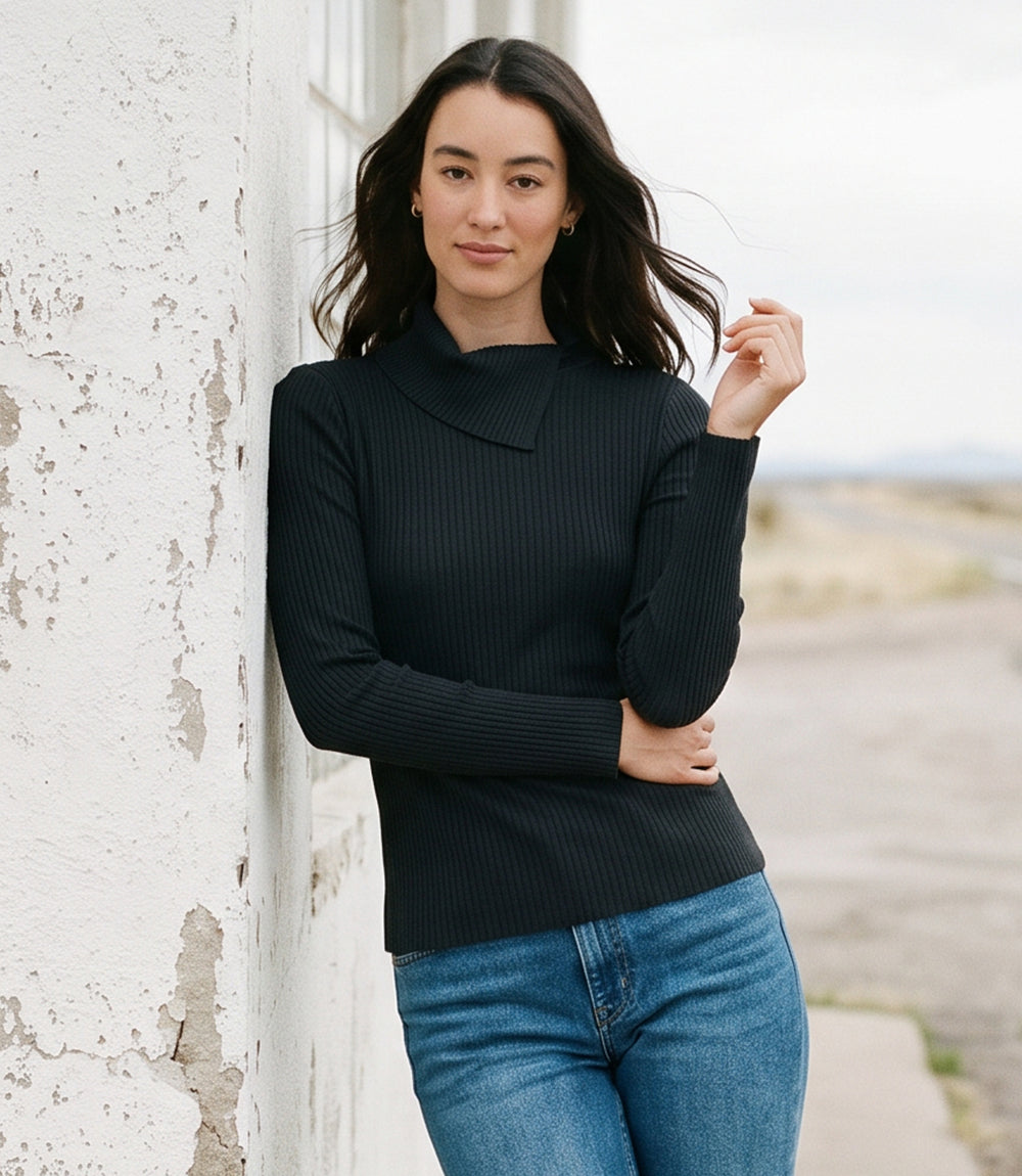 Wide Ribbed Long Sleeve Split Neck Top