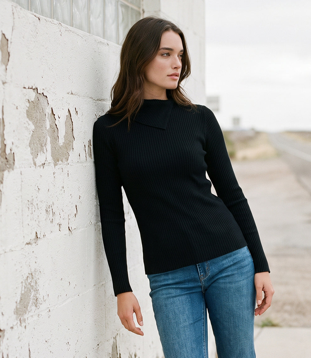 Wide Ribbed Long Sleeve Split Neck Top