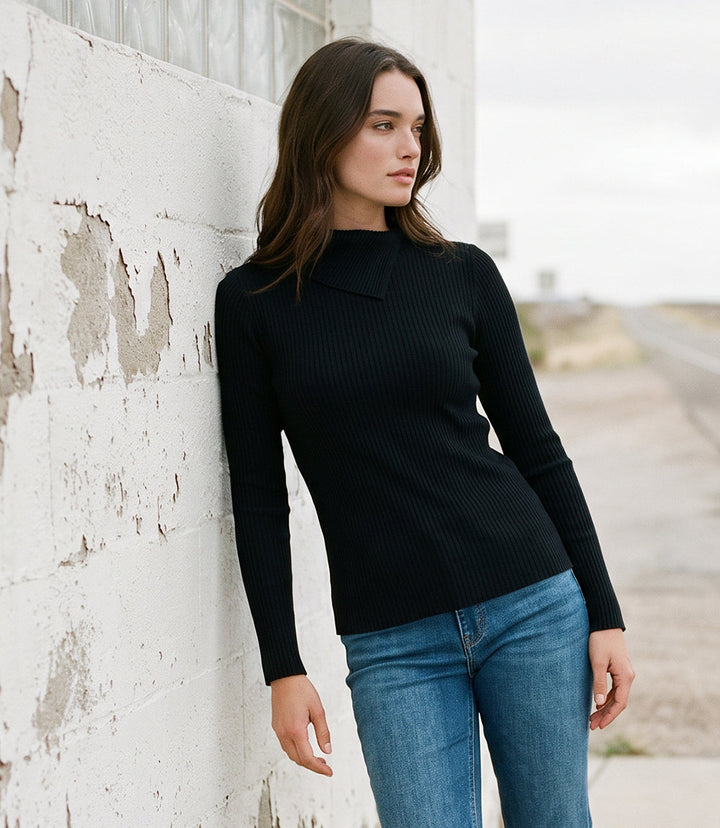 Wide Ribbed Long Sleeve Split Neck Top