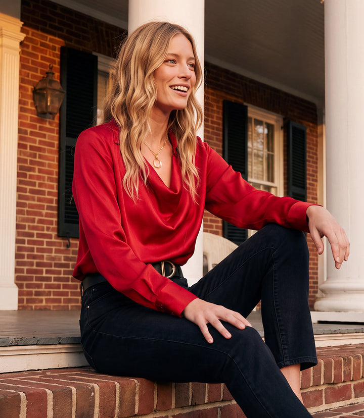 Long Sleeve Collared Cowl Neck Top