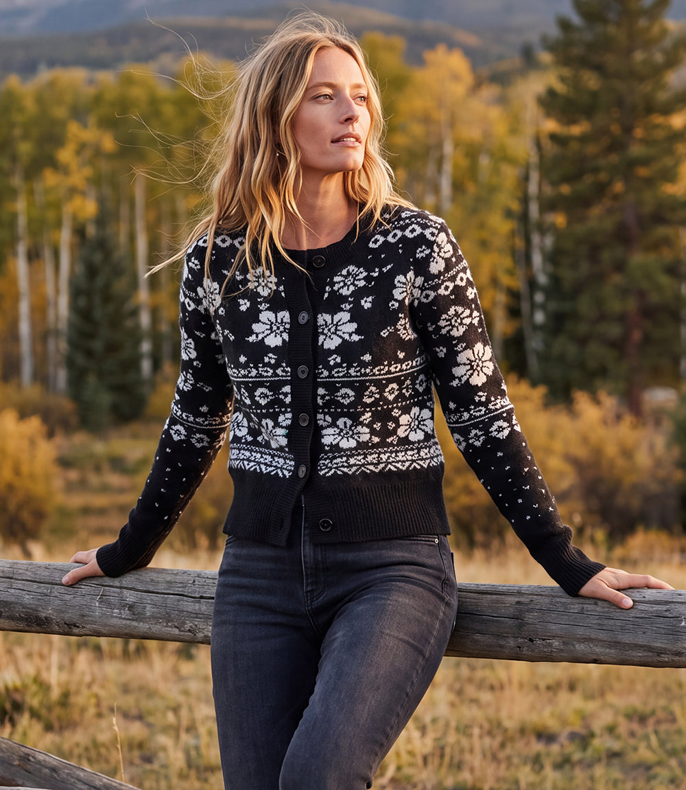 Floral Jacquard Crewneck Cardigan Sweater