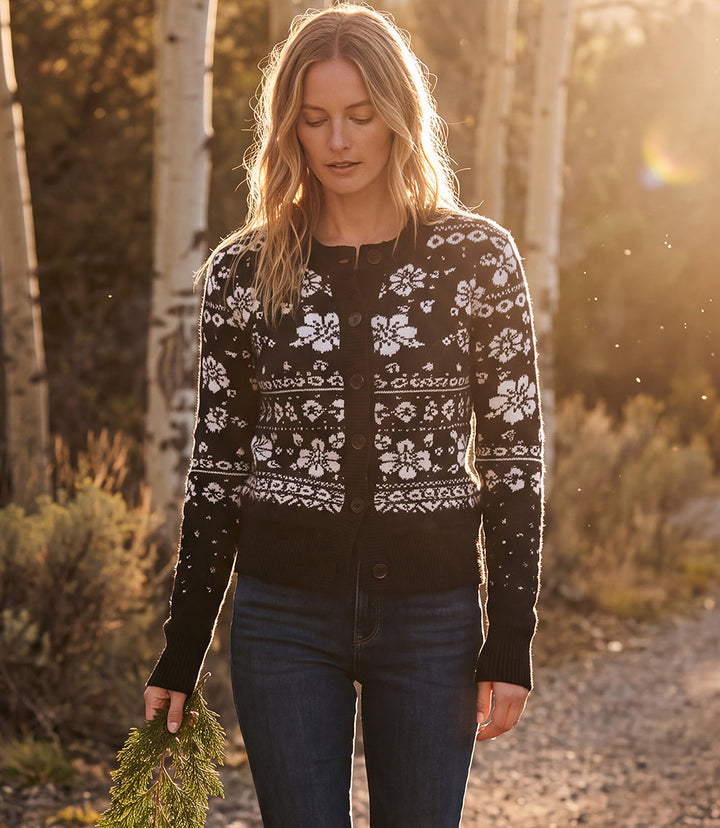 Floral Jacquard Crewneck Cardigan Sweater