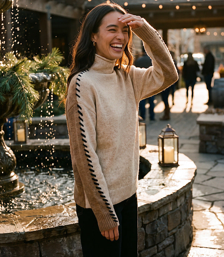 Contrast Stitch Mock Neck Colorblock Sweater