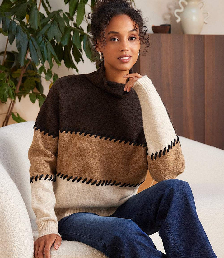 Contrast Stitch Mock Neck Colorblock Sweater
