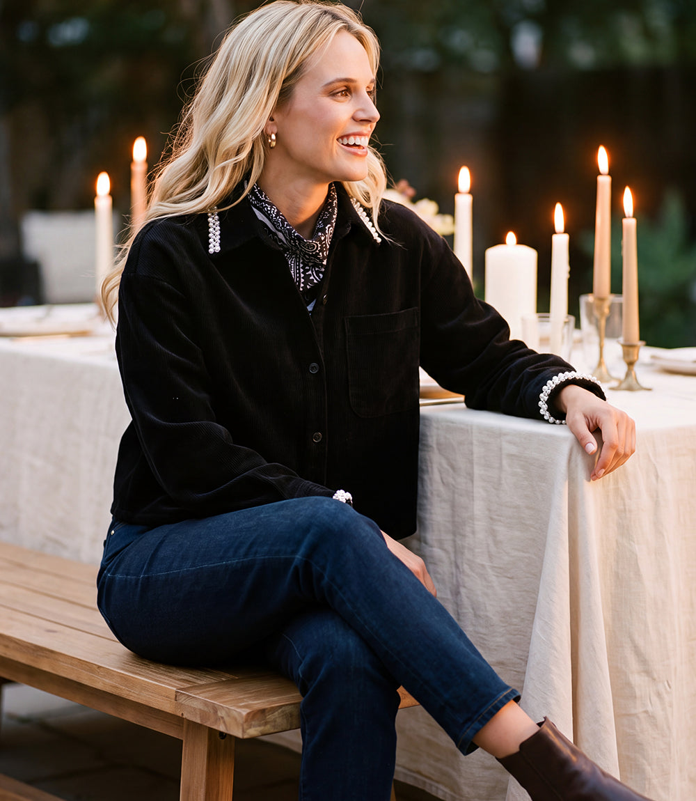Long Sleeve Embellished Corduroy Button-Up Top