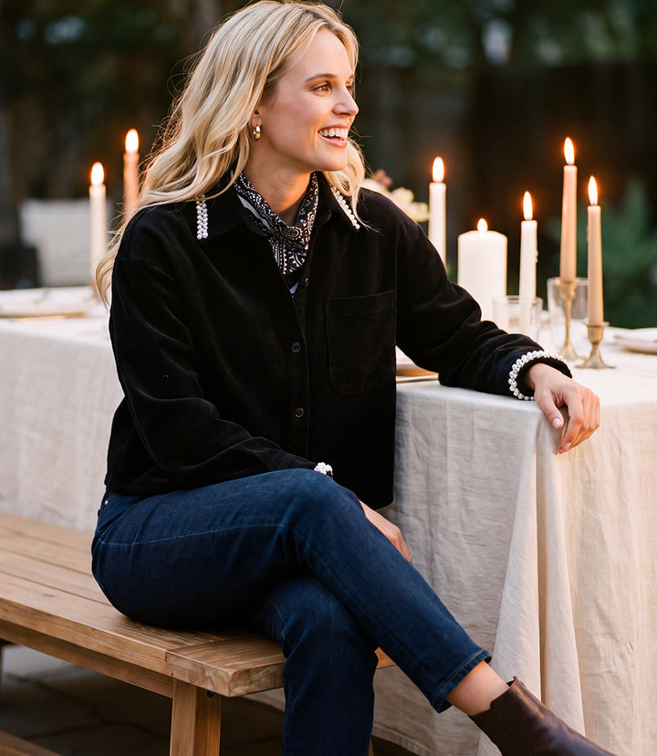 Long Sleeve Embellished Corduroy Button-Up Top