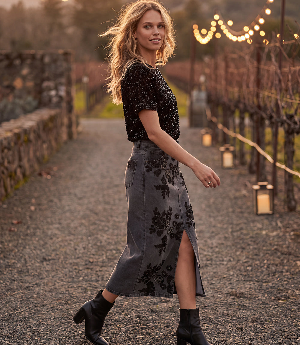 Sequin Denim Pencil Front-Slit Midi Skirt