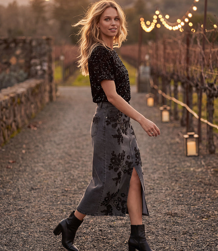 Sequin Denim Pencil Front-Slit Midi Skirt