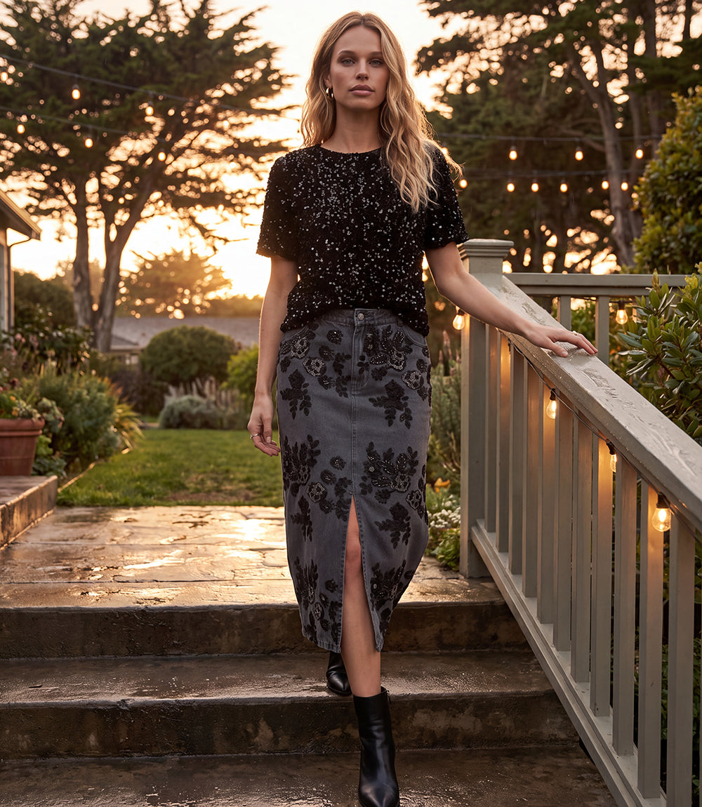 Sequin Denim Pencil Front-Slit Midi Skirt