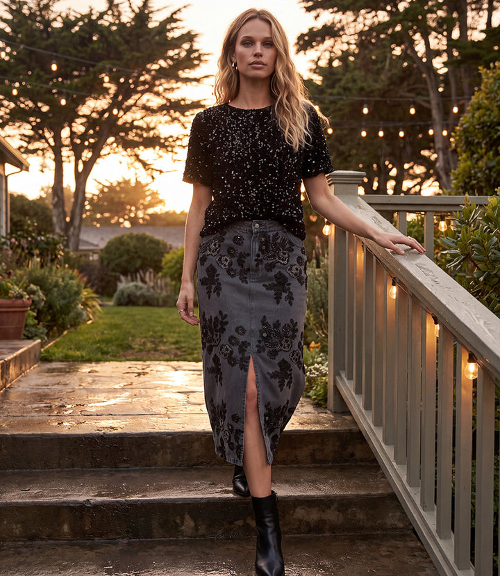 Sequin Denim Pencil Front-Slit Midi Skirt
