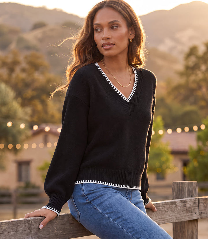Varsity V-Neck Contrast Stitch Sweater