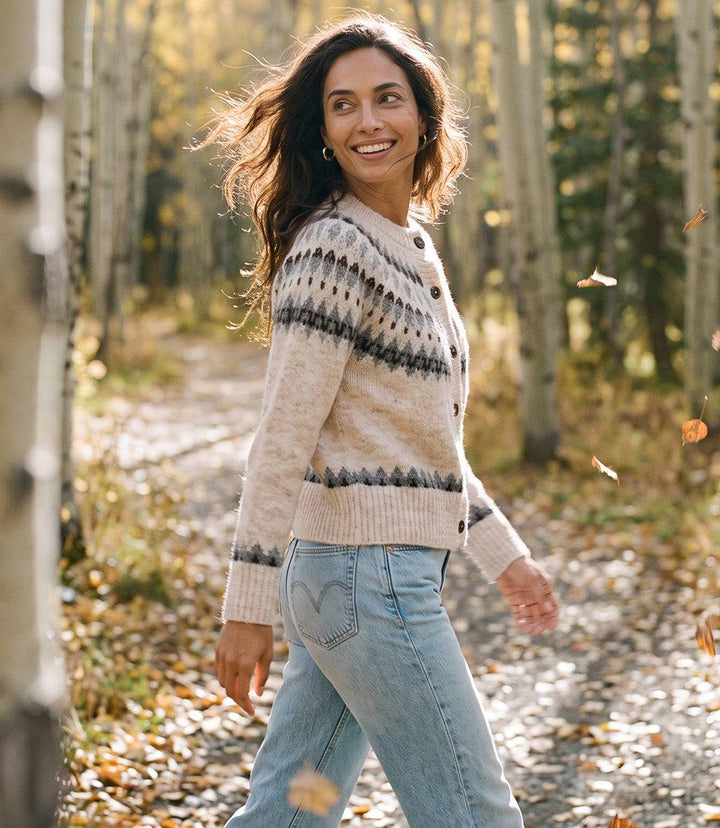 Jacquard Crewneck Cardigan Sweater