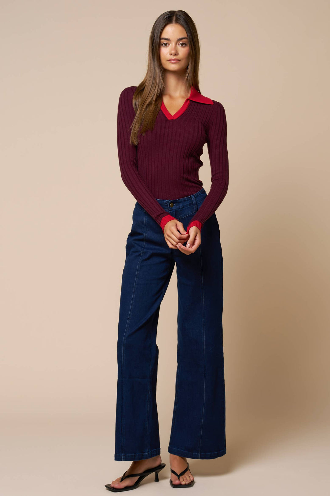 Contrast Collar Ribbed Sweater — Marisela