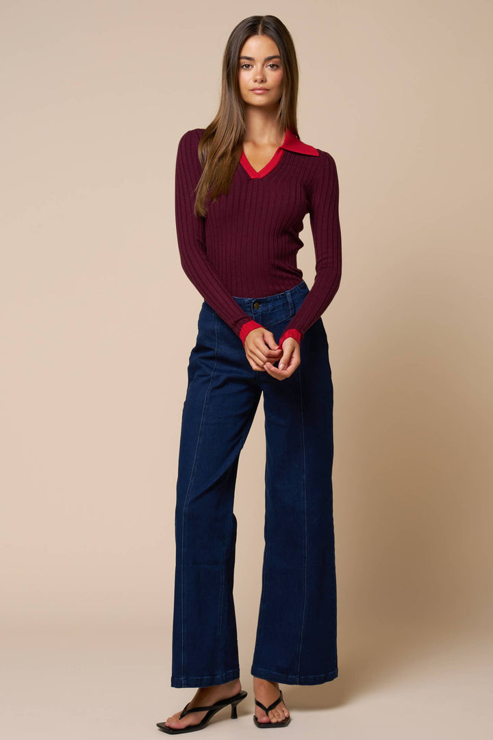 Contrast Collar Ribbed Sweater — Marisela