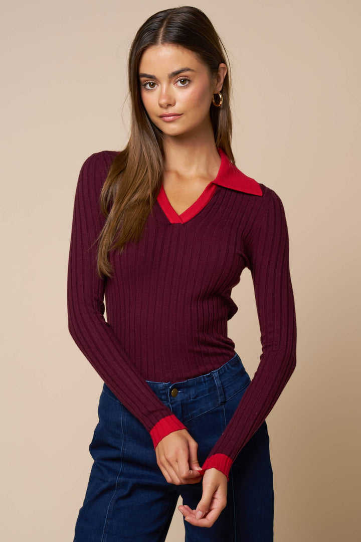 Contrast Collar Ribbed Sweater — Marisela