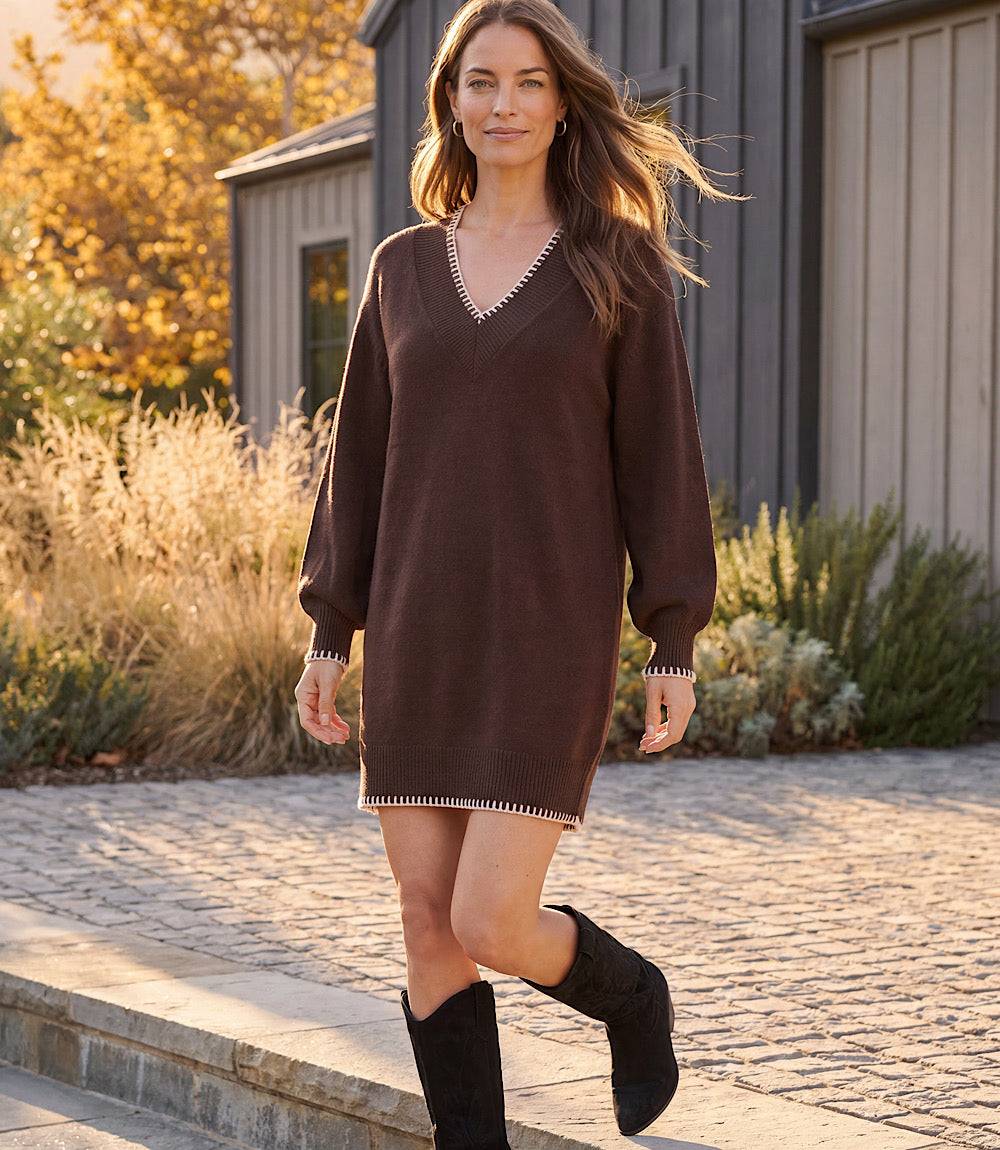 Varsity V-Neck Sweater Dress