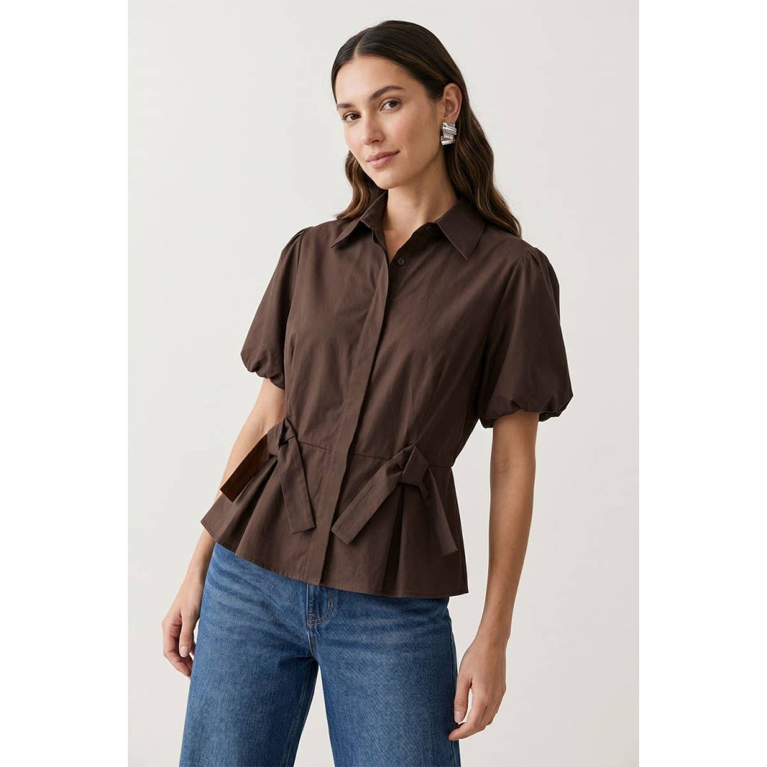 Collared Puff-Sleeve Peplum Top — Callista
