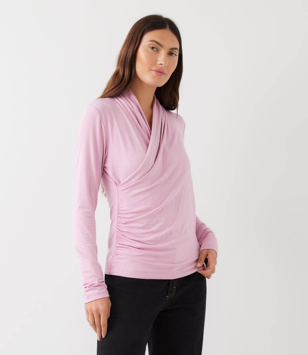 Long Sleeve Crossover Side-Shirred Top