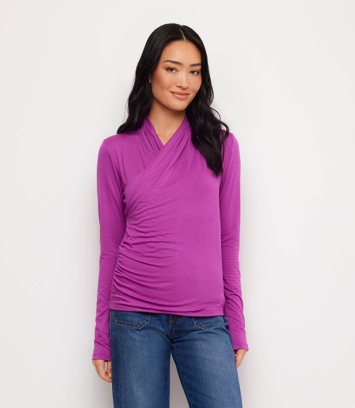 Long Sleeve Crossover Side-Shirred Top