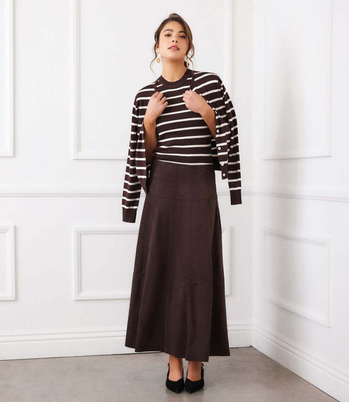 Tiered Faux Suede Midi Skirt