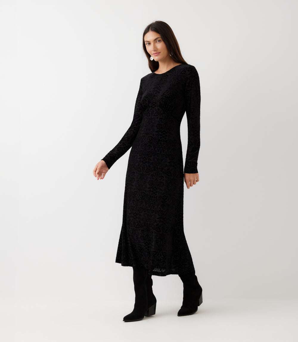 Long Sleeve Velvet Burnout Midi Dress