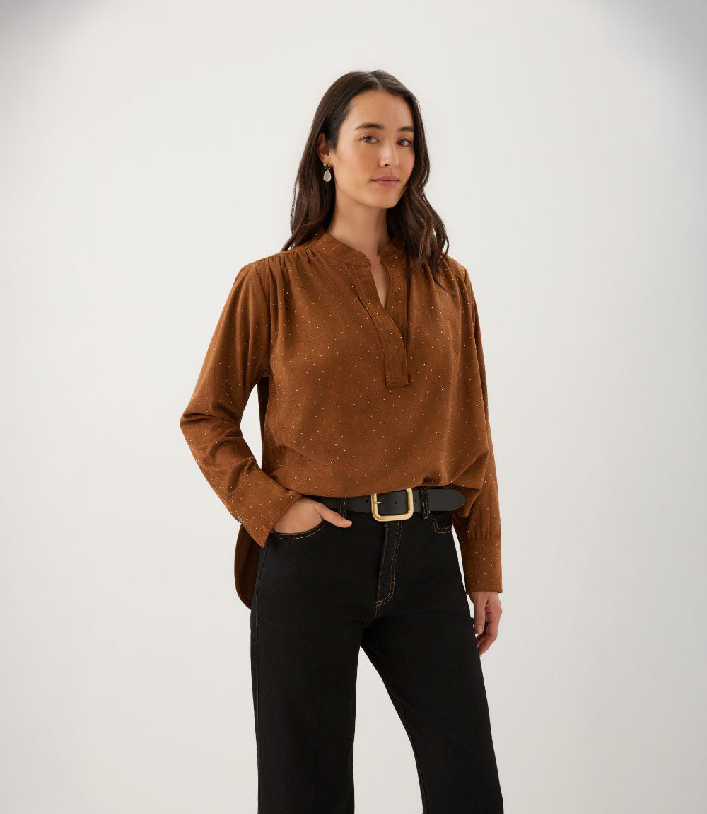 Faux Suede Embellished Half-Placket Shirt