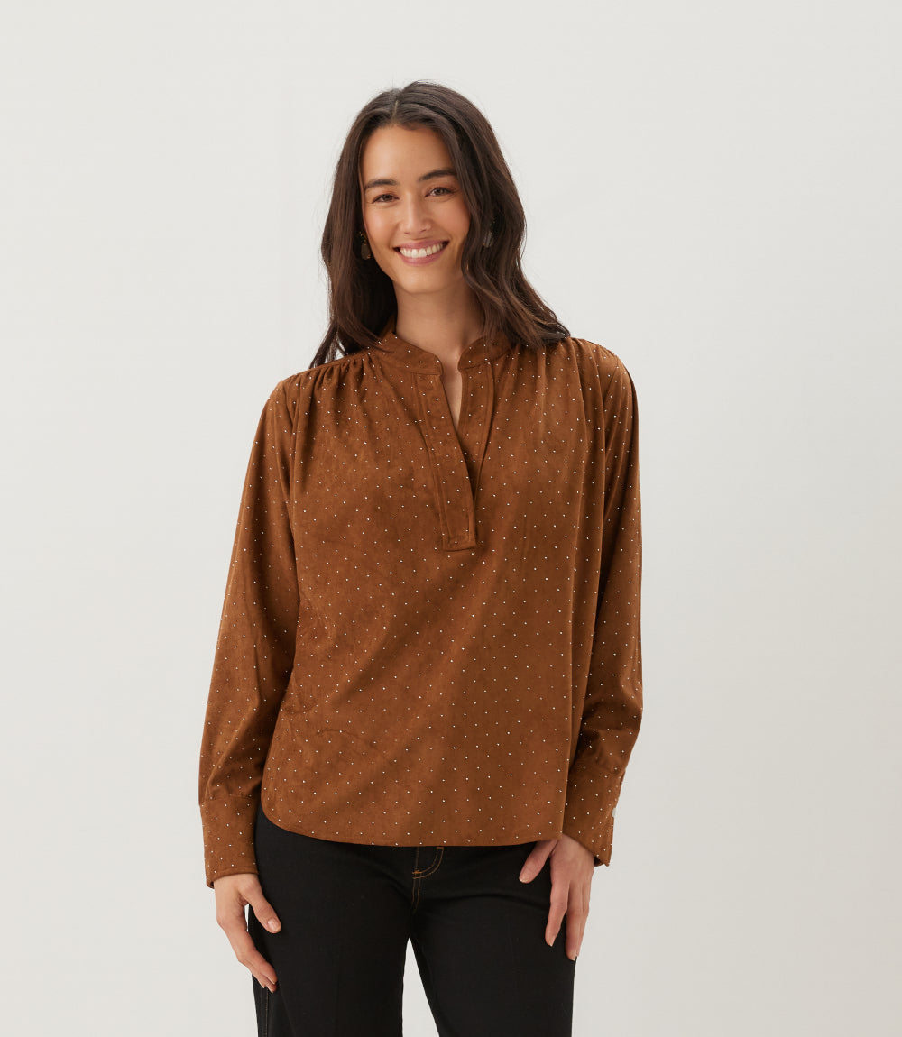 Faux Suede Embellished Half-Placket Shirt