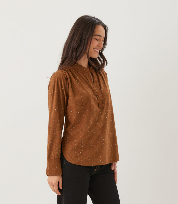 Faux Suede Embellished Half-Placket Shirt