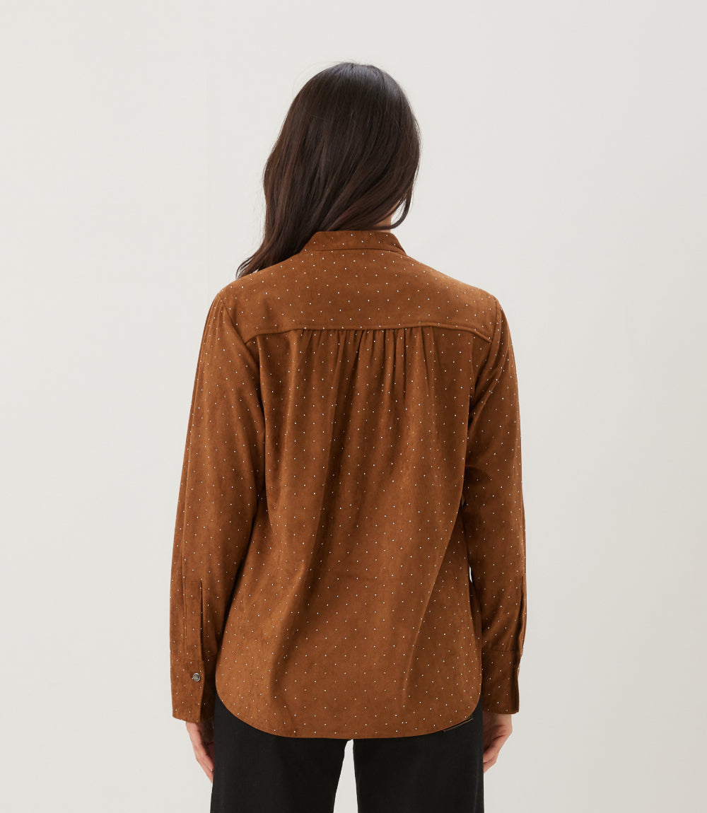 Faux Suede Embellished Half-Placket Shirt