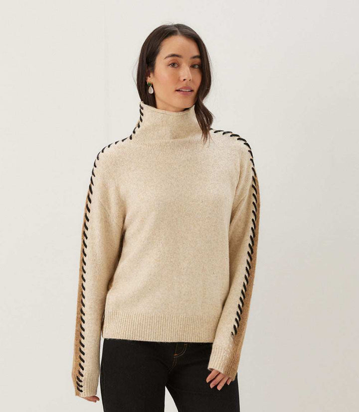 Contrast Stitch Mock Neck Colorblock Sweater