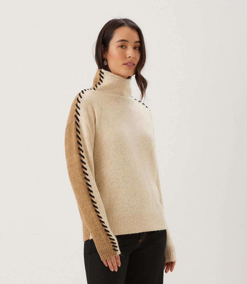 Contrast Stitch Mock Neck Colorblock Sweater