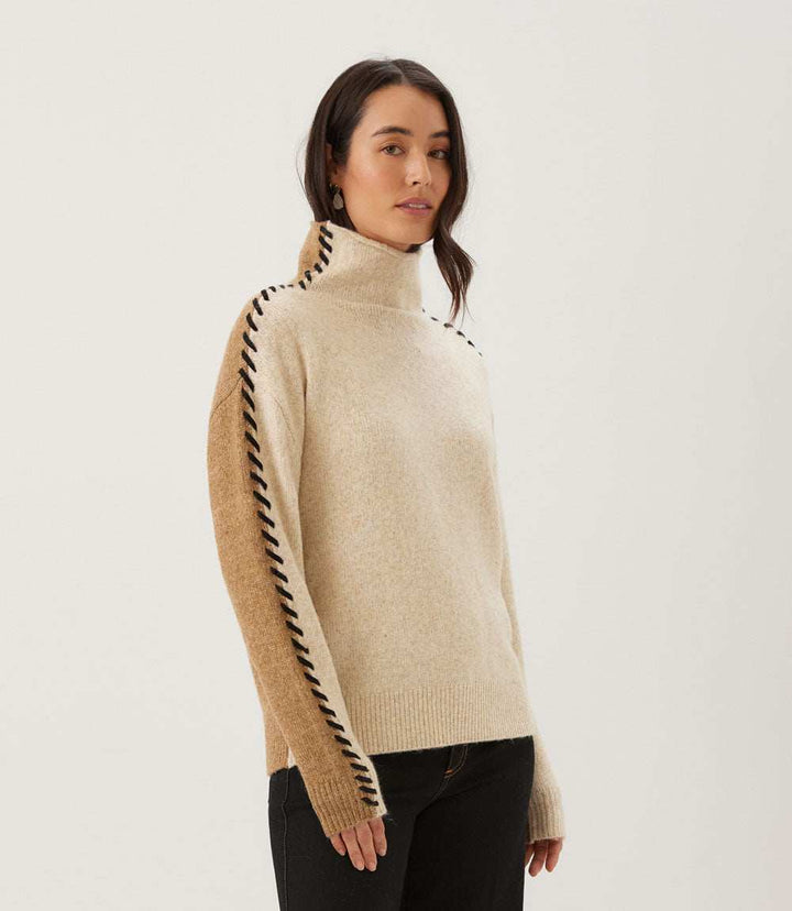 Contrast Stitch Mock Neck Colorblock Sweater