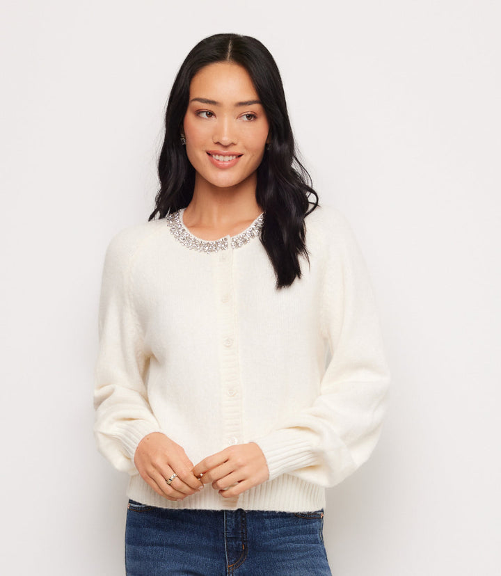 Embellished Crewneck Cardigan Sweater
