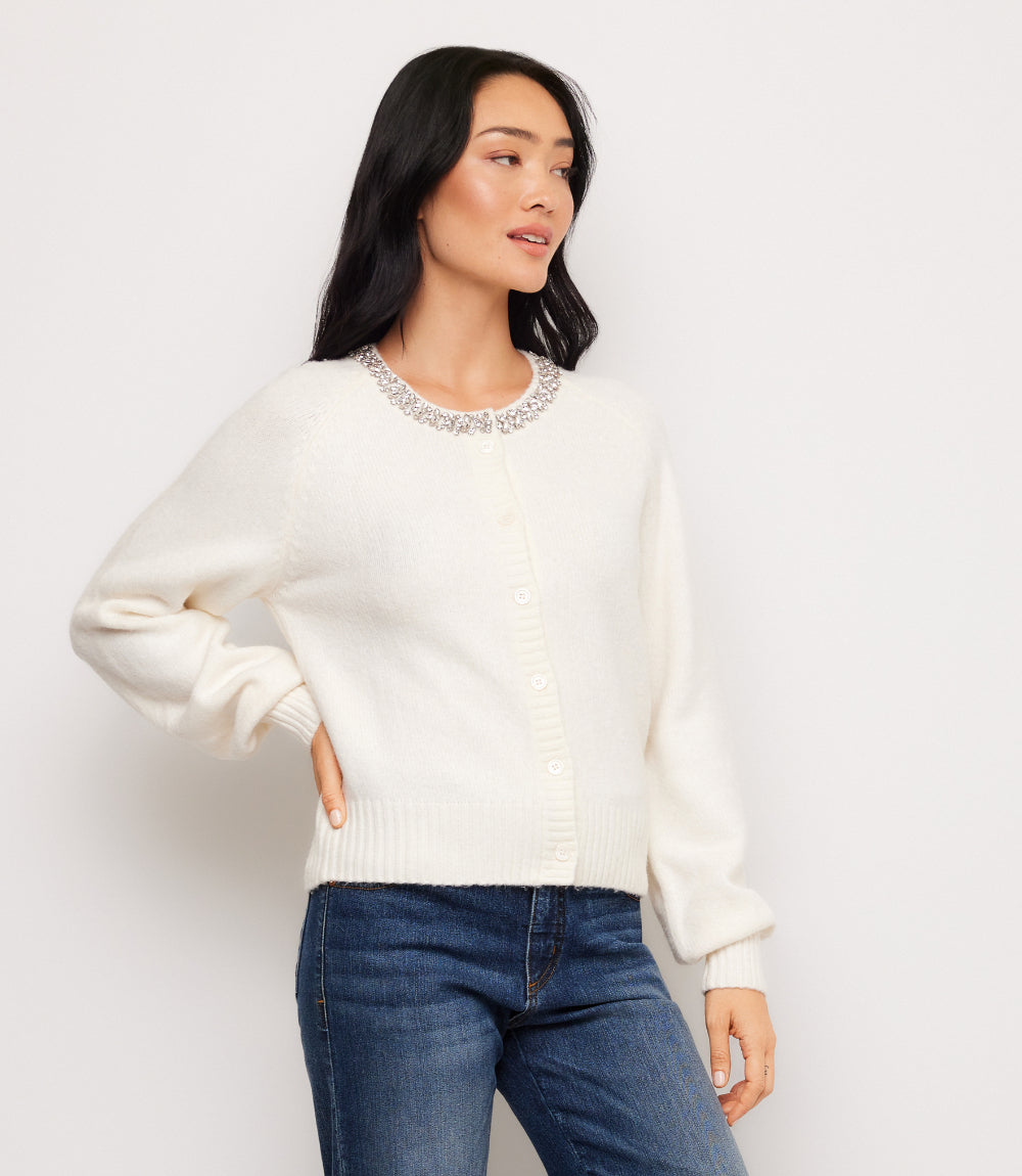 Embellished Crewneck Cardigan Sweater