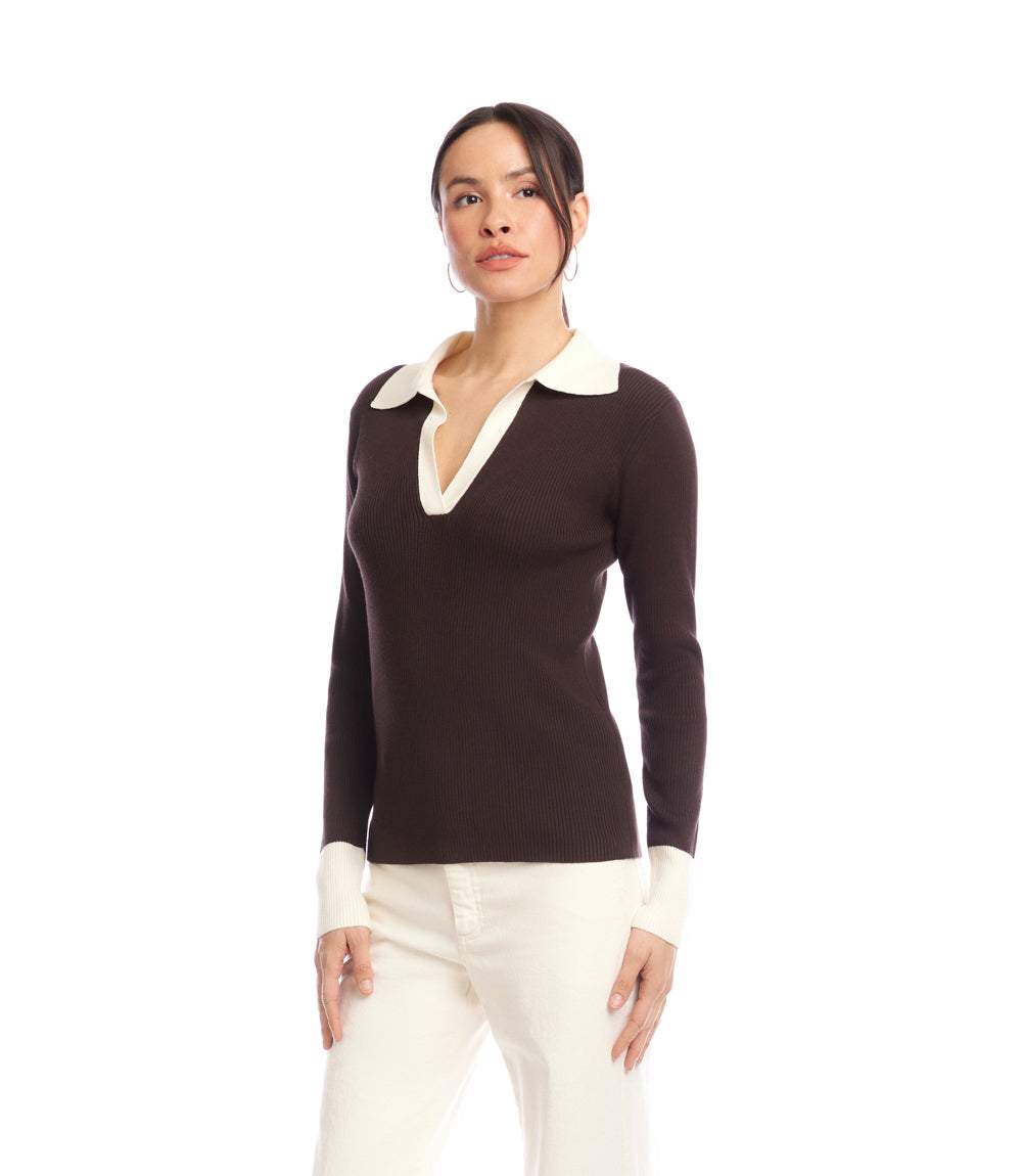 Contrast Ribbed Polo Sweater