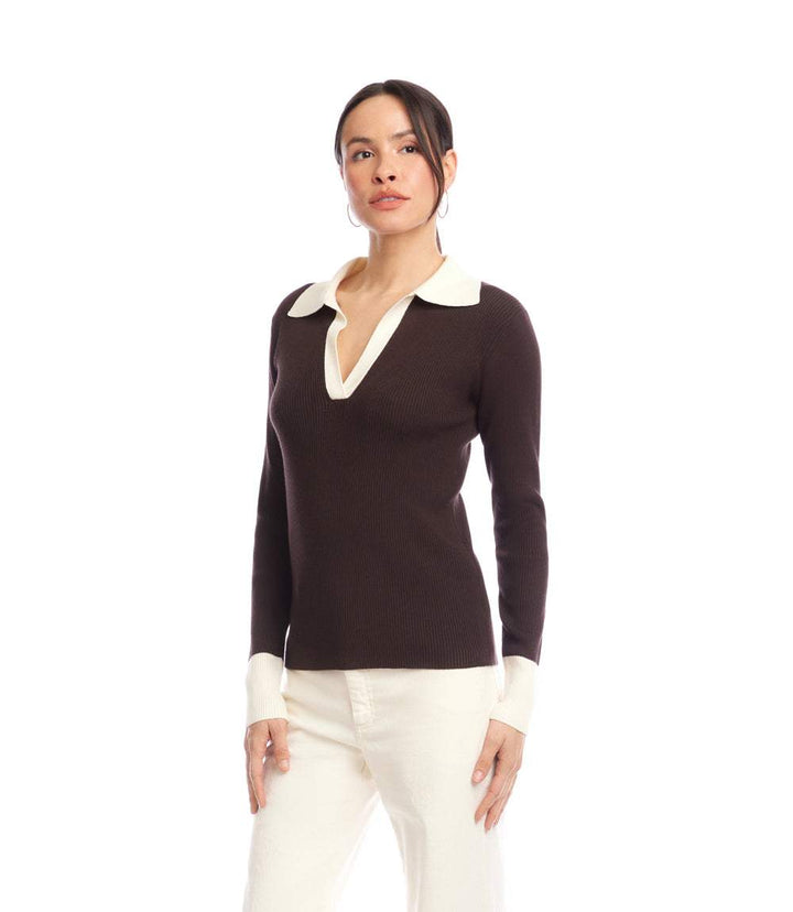 Contrast Ribbed Polo Sweater