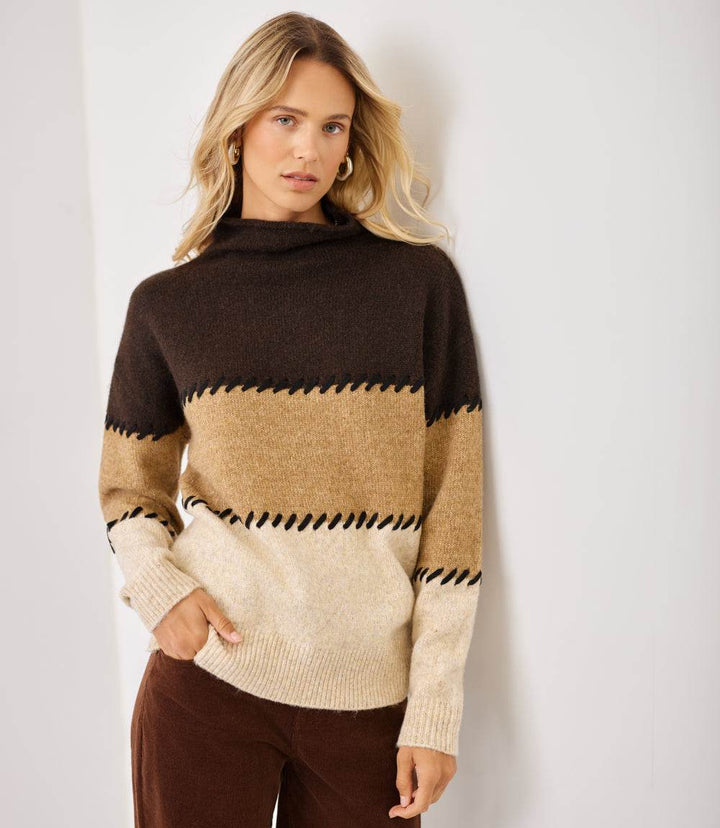 Contrast Stitch Mock Neck Colorblock Sweater