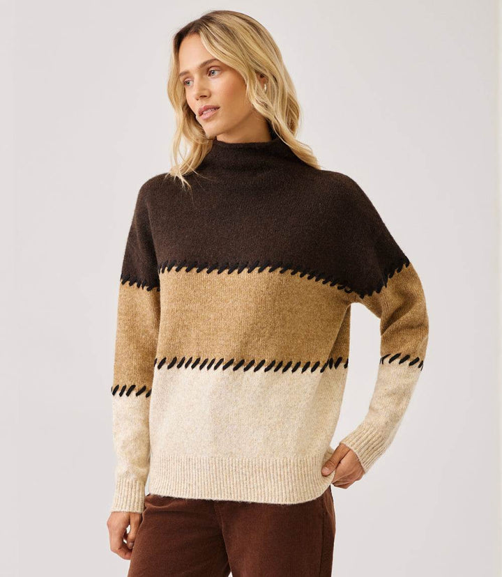 Contrast Stitch Mock Neck Colorblock Sweater