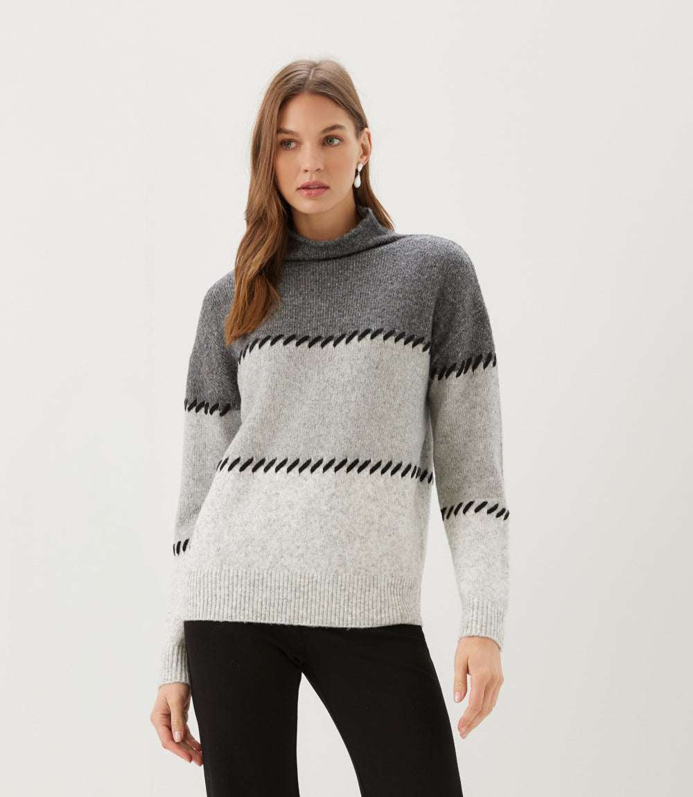 Contrast Stitch Mock Neck Colorblock Sweater