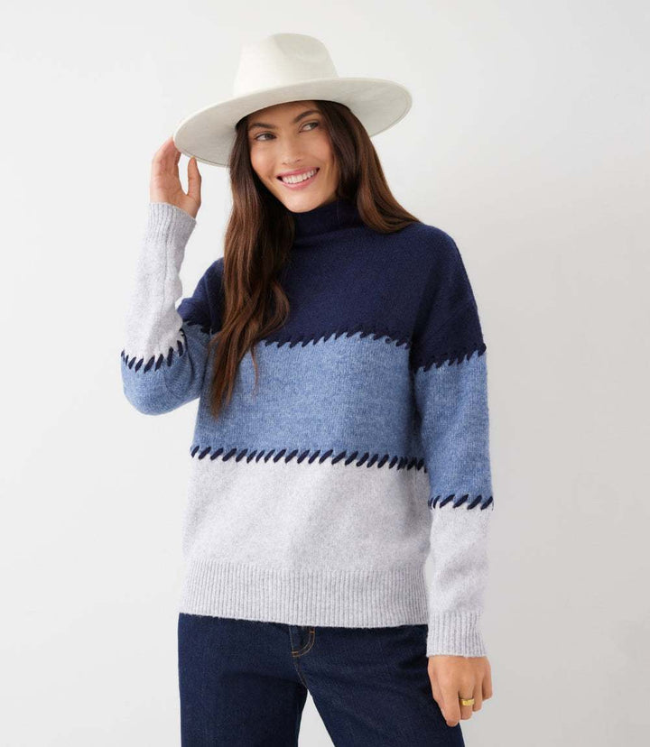 Contrast Stitch Mock Neck Colorblock Sweater