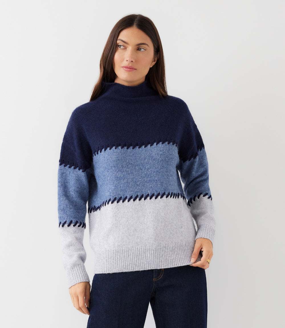 Contrast Stitch Mock Neck Colorblock Sweater