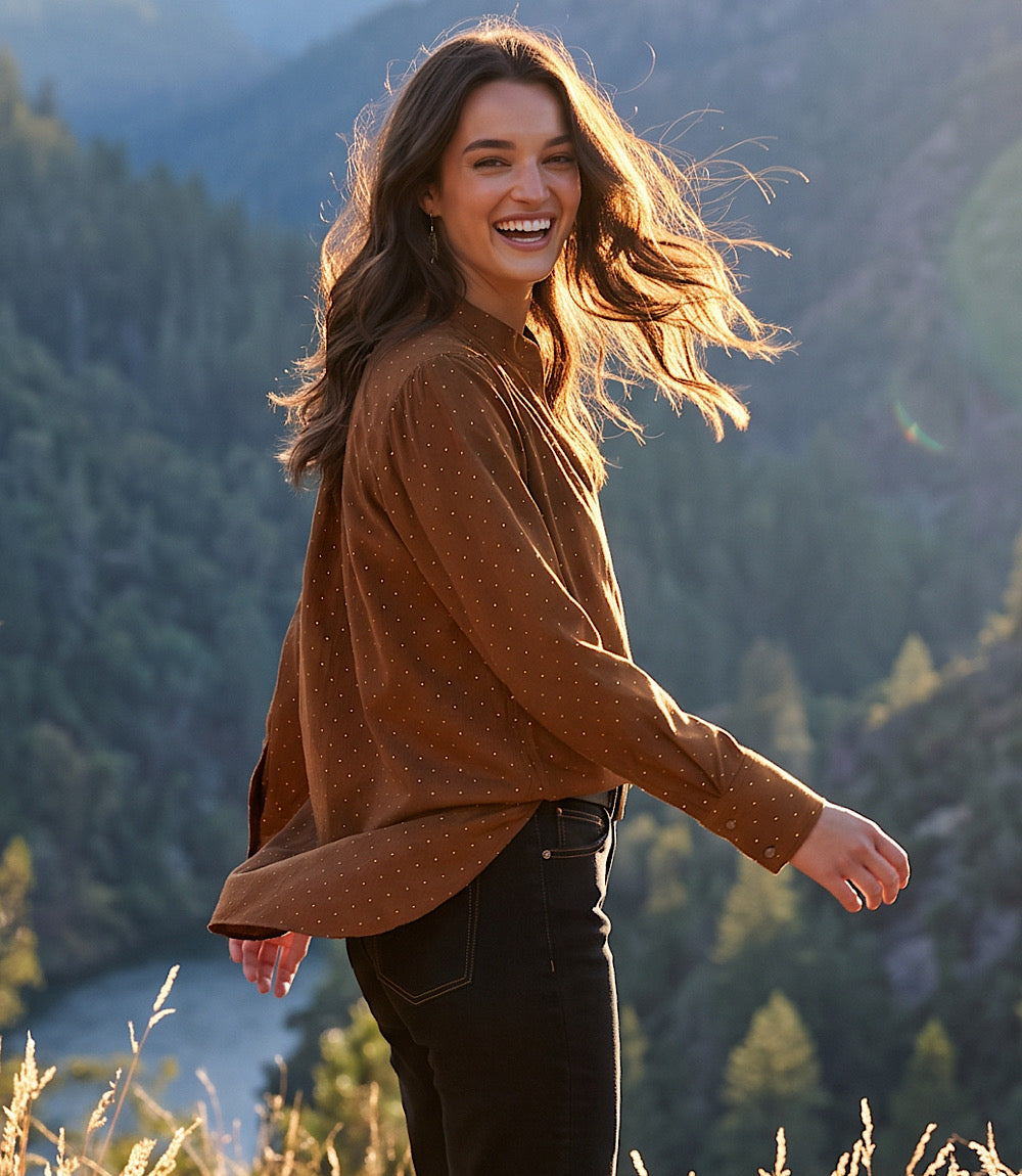 Faux Suede Embellished Half-Placket Shirt