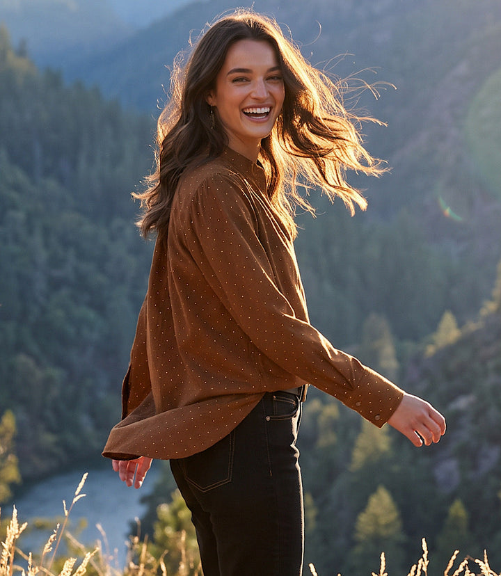 Faux Suede Embellished Half-Placket Shirt