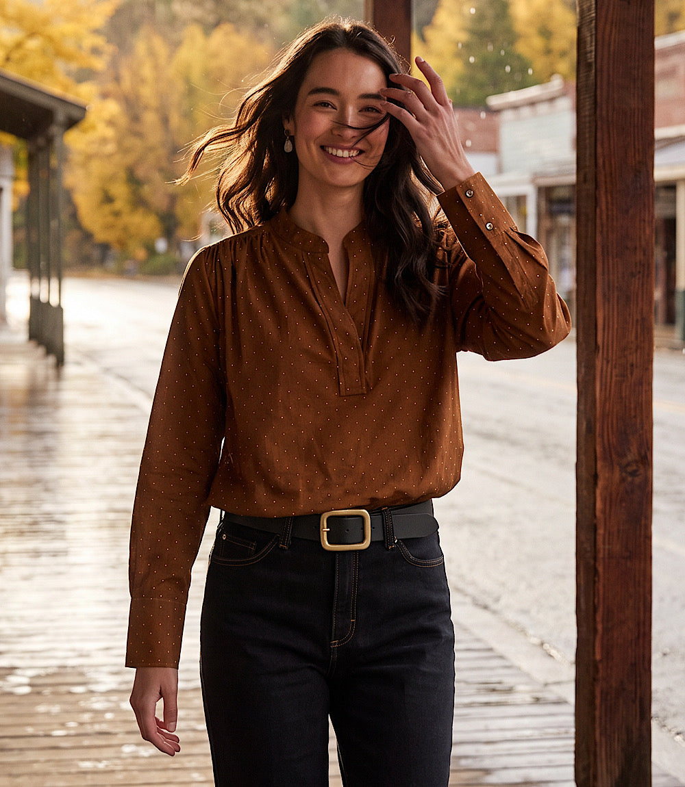 Faux Suede Embellished Half-Placket Shirt