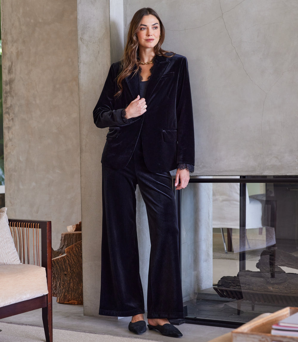 Velvet Ribbed Full Length Wide-Leg Pants