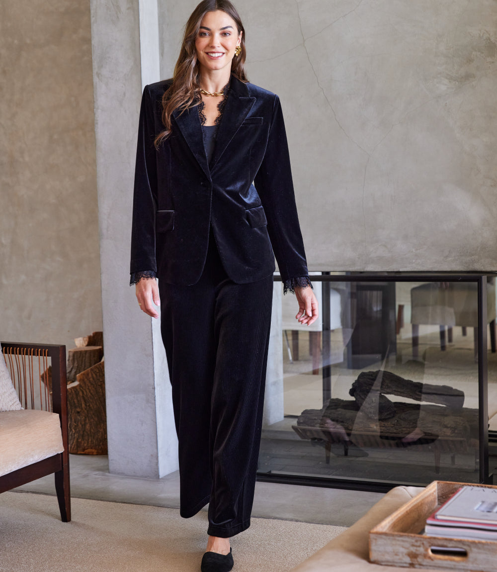 Velvet Ribbed Full Length Wide-Leg Pants