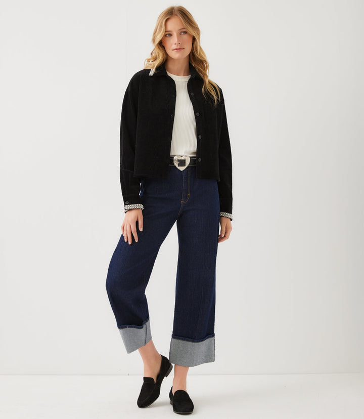 Long Sleeve Embellished Corduroy Button-Up Top